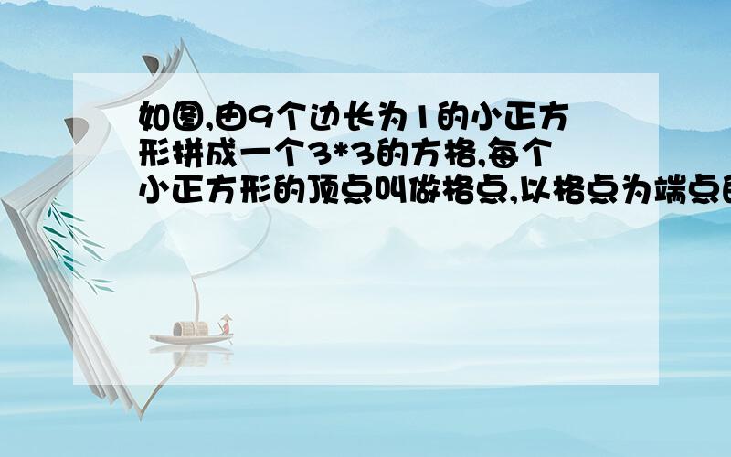 如图,由9个边长为1的小正方形拼成一个3*3的方格,每个小正方形的顶点叫做格点,以格点为端点的线段叫格点（1）图中一共可以画（ ）条长度不等的格点线段,其长度分别为（ ）（2）请在图中