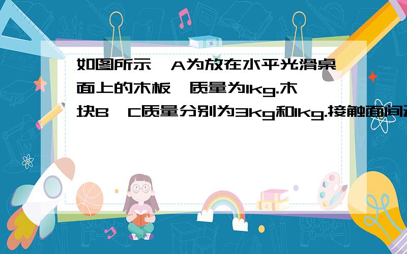 如图所示,A为放在水平光滑桌面上的木板,质量为1kg.木块B、C质量分别为3kg和1kg.接触面间动摩擦因素为0.1,最大静摩擦力等于滑动摩擦力.在拉力F作用下,物体A加速度为2m/s2.拉力F大小等于        N