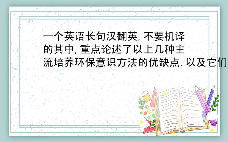 一个英语长句汉翻英,不要机译的其中,重点论述了以上几种主流培养环保意识方法的优缺点,以及它们的应用条件,并结合得出的结论提出目前受关注度不够却行之有效的几种方法,并适当举出