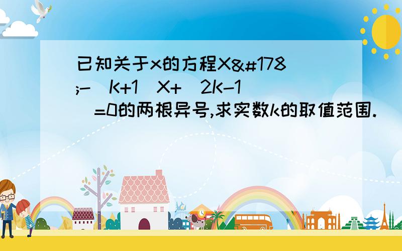 已知关于x的方程X²-(K+1)X+（2K-1)=0的两根异号,求实数k的取值范围.