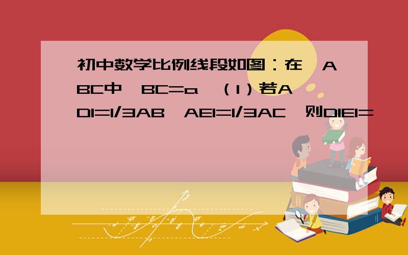 初中数学比例线段如图：在△ABC中,BC=a,（1）若AD1=1/3AB,AE1=1/3AC,则D1E1=                                                    （2）若D1D2=1/3D1B,E1E2=1/3E1C,则D2E2=                                            （3）若D2D3=1/3D2B,E