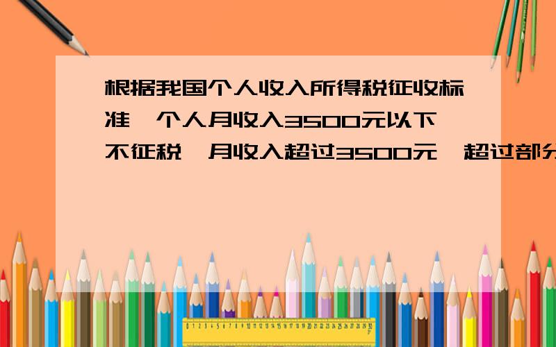 根据我国个人收入所得税征收标准,个人月收入3500元以下不征税,月收入超过3500元,超过部分按以下标准征税：不超过1500元的 3% 超过1500元至4500元的部分 10% 超过4500元至9000 的20%乐乐爸爸月收