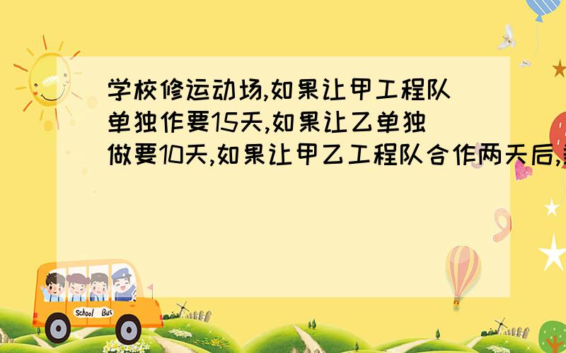 学校修运动场,如果让甲工程队单独作要15天,如果让乙单独做要10天,如果让甲乙工程队合作两天后,剩下的由乙工程队完成问共要几天?（用方程）