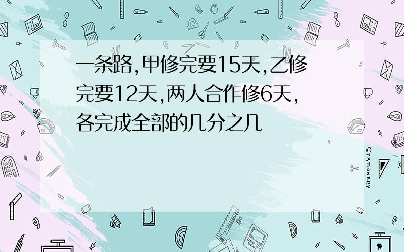 一条路,甲修完要15天,乙修完要12天,两人合作修6天,各完成全部的几分之几