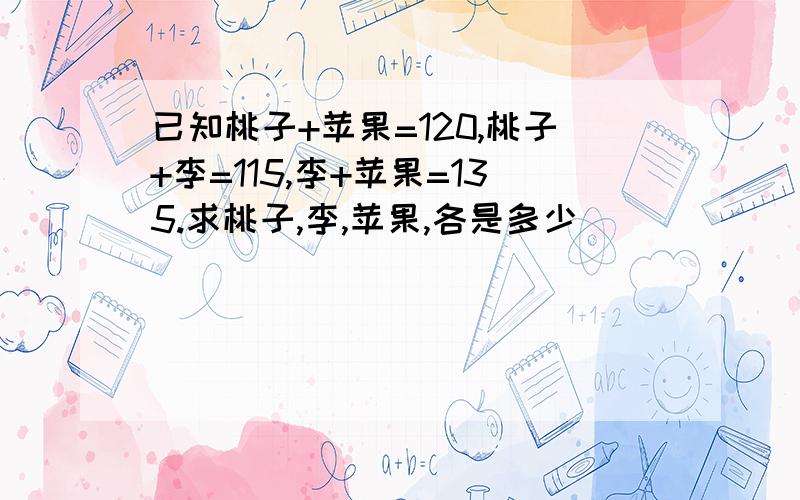 已知桃子+苹果=120,桃子+李=115,李+苹果=135.求桃子,李,苹果,各是多少