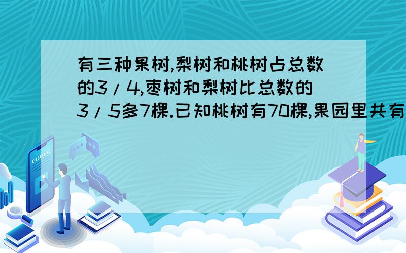 有三种果树,梨树和桃树占总数的3/4,枣树和梨树比总数的3/5多7棵.已知桃树有70棵,果园里共有多少棵?