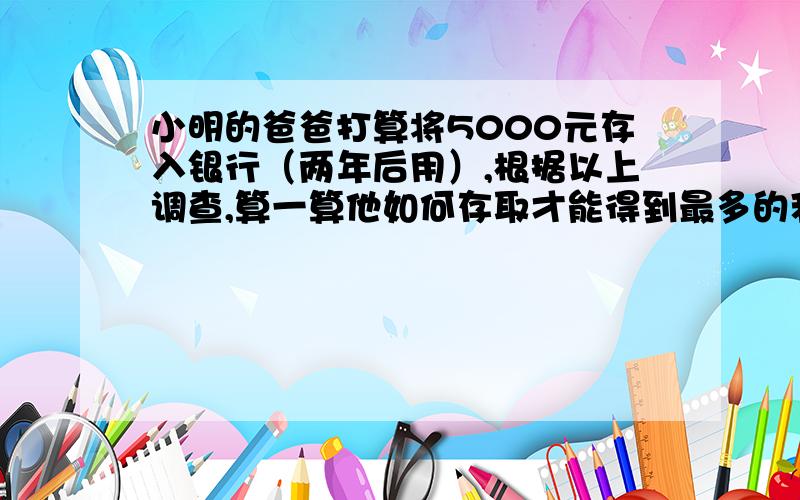 小明的爸爸打算将5000元存入银行（两年后用）,根据以上调查,算一算他如何存取才能得到最多的利息一年2.25% 二年2.79% 三年3.33% 四年3.60%