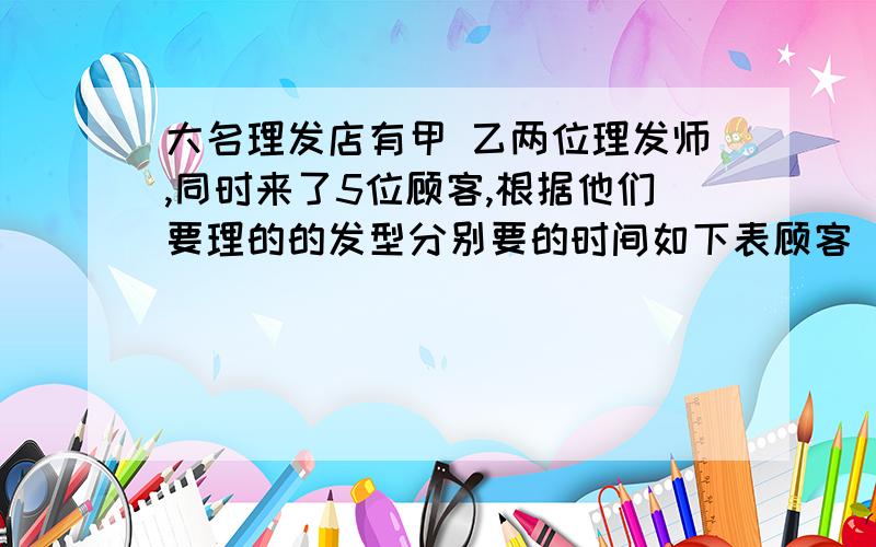 大名理发店有甲 乙两位理发师,同时来了5位顾客,根据他们要理的的发型分别要的时间如下表顾客                            A             B         C        D           E         所需时间/分钟   10         12