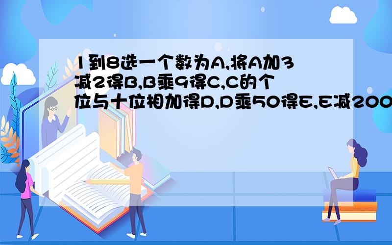 1到8选一个数为A,将A加3减2得B,B乘9得C,C的个位与十位相加得D,D乘50得E,E减200得F.这个F是?