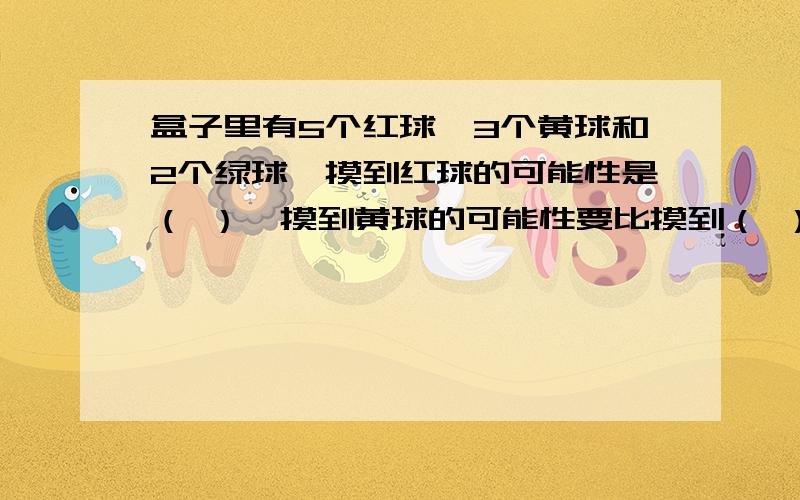 盒子里有5个红球,3个黄球和2个绿球,摸到红球的可能性是（ ）,摸到黄球的可能性要比摸到（ ）球的可能性大,摸到（ ）球的可能性小,摸到( )球的可能性最大