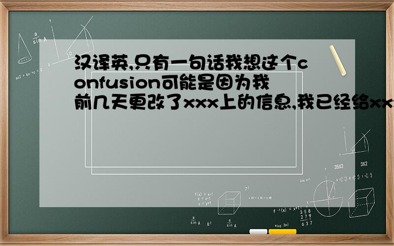 汉译英,只有一句话我想这个confusion可能是因为我前几天更改了xxx上的信息,我已经给xxx回了邮件说明了情况,我想这个matter很快就能被clarified.