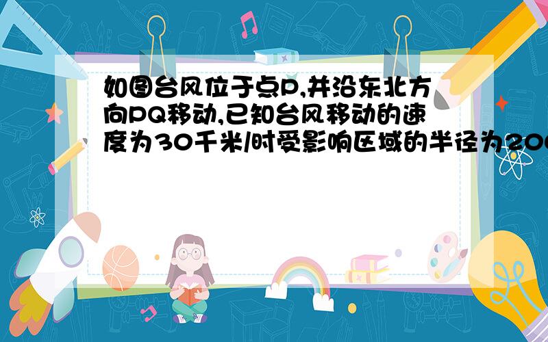 如图台风位于点P,并沿东北方向PQ移动,已知台风移动的速度为30千米/时受影响区域的半径为200KM,B市位于点P的北偏东75°方向上,距离点P320千米处（1）说明本次台风会影响B市（2）求这次台风影