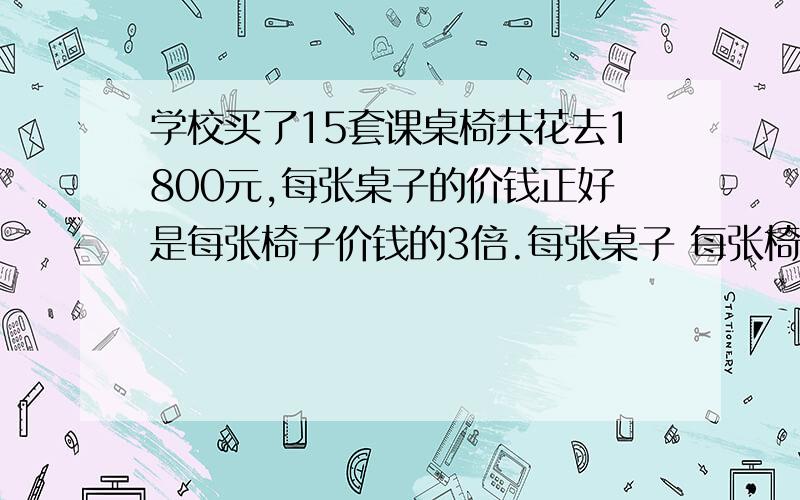 学校买了15套课桌椅共花去1800元,每张桌子的价钱正好是每张椅子价钱的3倍.每张桌子 每张椅子各多少元 2配急学校买了15套课桌椅共花去1800元,每张桌子的价钱正好是每张椅子价钱的3倍.每张