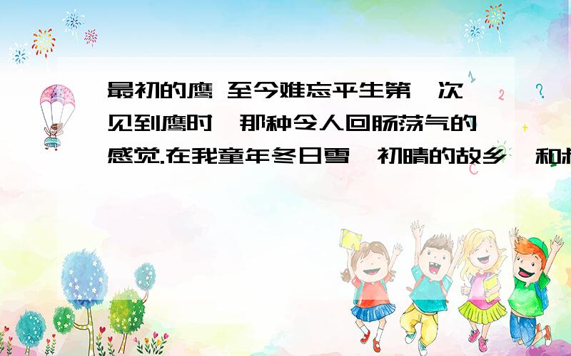 最初的鹰 至今难忘平生第一次见到鹰时,那种令人回肠荡气的感觉.在我童年冬日雪霁初晴的故乡,和叔伯们去狩猎的路上,我抬头看见一只黑色的大鸟在漫不经心地滑翔.它的相貌与别的鸟有所