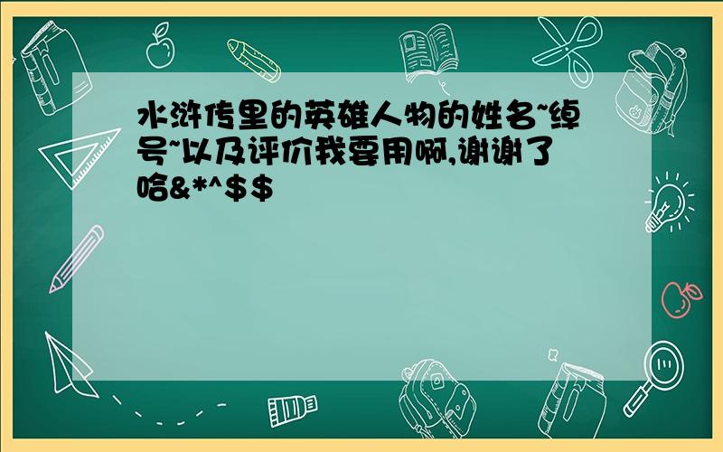 水浒传里的英雄人物的姓名~绰号~以及评价我要用啊,谢谢了哈&*^$$