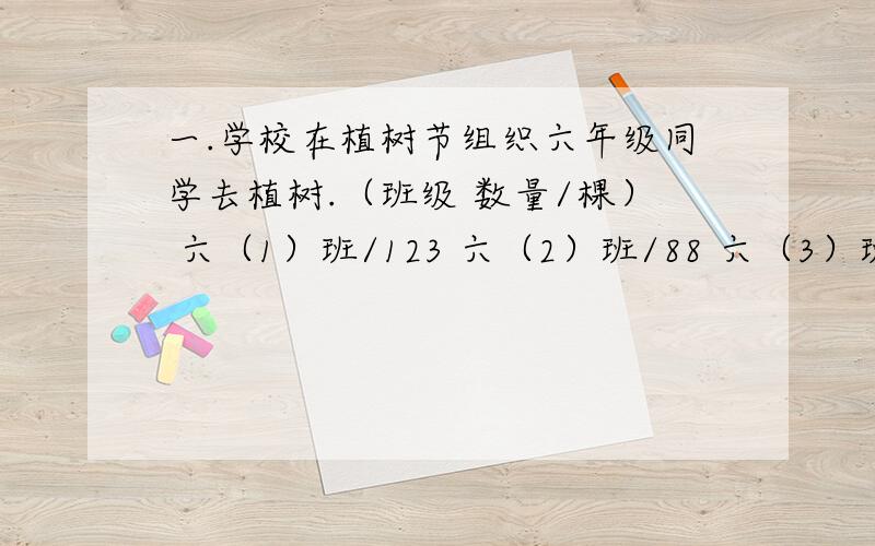 一.学校在植树节组织六年级同学去植树.（班级 数量/棵） 六（1）班/123 六（2）班/88 六（3）班/92六（4）班/87 六（5）班/115 六（6）/1141.六年级同学大约植树多少棵?2.假如六年级同学平均每