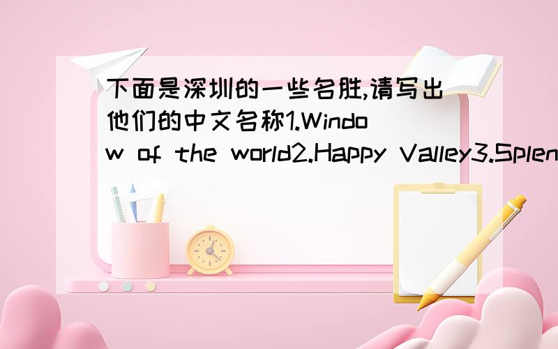 下面是深圳的一些名胜,请写出他们的中文名称1.Window of the world2.Happy Valley3.Splendid Chine4.Sea World5.the China Folk Culture Villages6.Shenzhen Saari Park7.The Evergreen Resort1.Window of the world (          )2.Happy Valley (