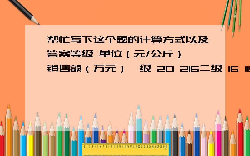 帮忙写下这个题的计算方式以及答案等级 单位（元/公斤） 销售额（万元）一级 20 216二级 16 115.2 三级 12 72求该商品的平均销售价格：计算方式为：