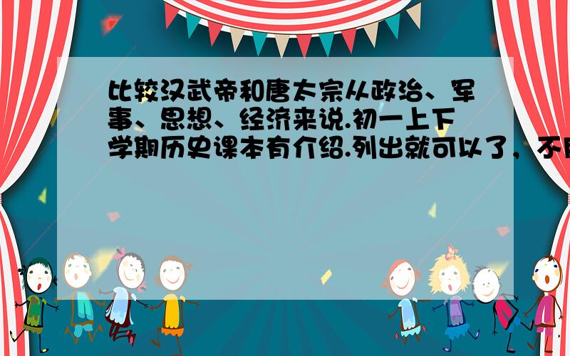 比较汉武帝和唐太宗从政治、军事、思想、经济来说.初一上下学期历史课本有介绍.列出就可以了，不用比较