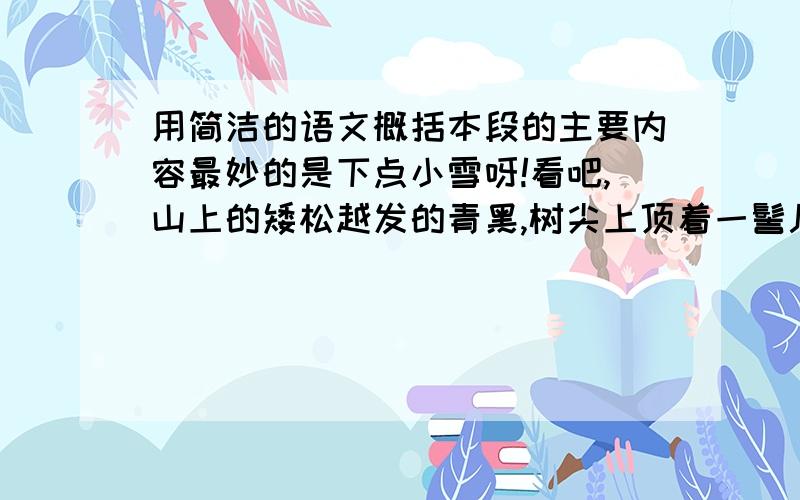 用简洁的语文概括本段的主要内容最妙的是下点小雪呀!看吧,山上的矮松越发的青黑,树尖上顶着一髻儿白花,好像日本看护妇.山尖全白了,给蓝天镶上一道银边.山坡上,有的地方雪厚点儿,有的