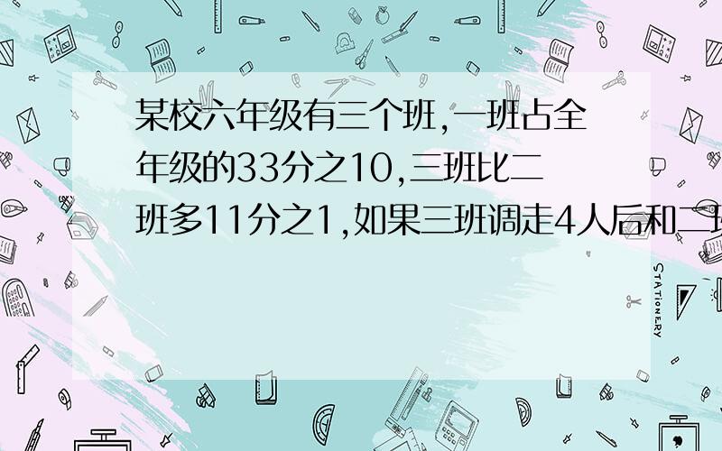 某校六年级有三个班,一班占全年级的33分之10,三班比二班多11分之1,如果三班调走4人后和二班人数相同...某校六年级有三个班,一班占全年级的33分之10,三班比二班多11分之1,如果三班调走4人后