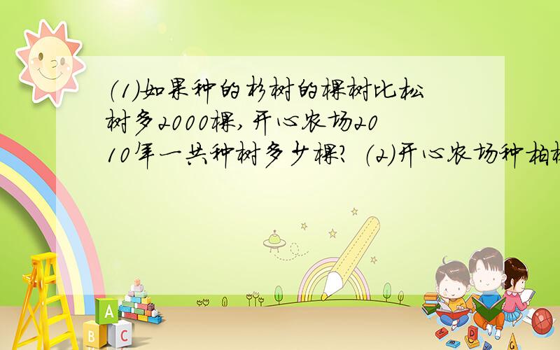 （1）如果种的杉树的棵树比松树多2000棵,开心农场2010年一共种树多少棵? （2）开心农场种柏树多少棵? 注：（杉树占百分之40   柏树占百分之（?）松树占百分之35