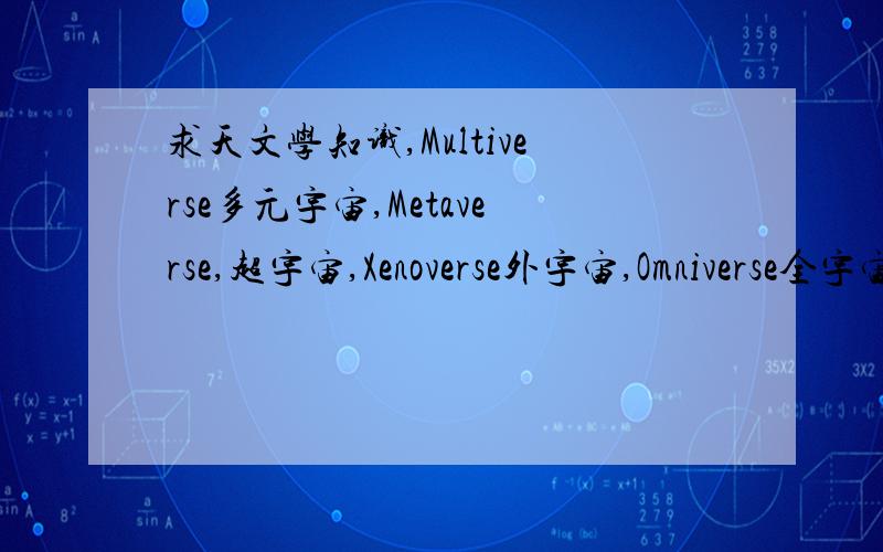 求天文学知识,Multiverse多元宇宙,Metaverse,超宇宙,Xenoverse外宇宙,Omniverse全宇宙,我只知道Multiverse是所有与我们同维度（三维）的平行宇宙的总称.那Metaverse呢?是所有与我们不同维度（一维,二维,