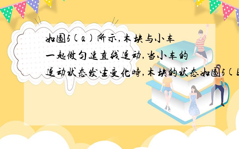 如图5(a)所示,木块与小车一起做匀速直线运动,当小车的运动状态发生变化时,木块的状态如图5(b)所示.把由图5(a)、(b)或图5(c)、(d）可知小车运动状态变化的可能情况是________________________________(