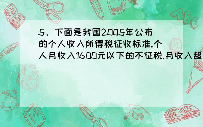 5、下面是我国2005年公布的个人收入所得税征收标准.个人月收入1600元以下的不征税.月收入超过1600元,超过部分按下面的标准征税.不超过500元的 5%超过500元～2000元的部分 10%超过2000元～5000元