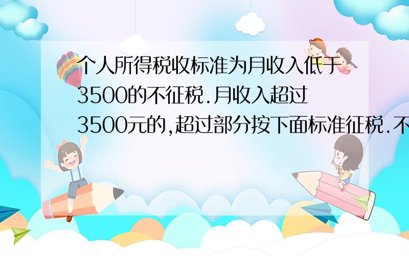 个人所得税收标准为月收入低于3500的不征税.月收入超过3500元的,超过部分按下面标准征税.不超过1500元的   3％        超过1500到4500的部分    10％          超过4500到9000元的部分     20 ％         小