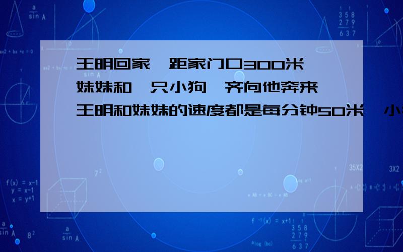 王明回家,距家门口300米,妹妹和一只小狗一齐向他奔来,王明和妹妹的速度都是每分钟50米,小狗的速度是每分钟200米,小狗在两个人之间来回地跑,直到两人相遇为止,小狗一共跑了多少路程?