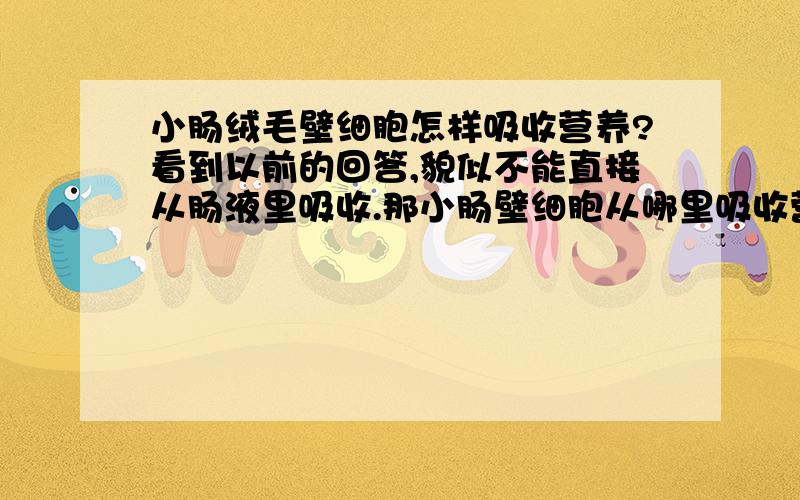 小肠绒毛壁细胞怎样吸收营养?看到以前的回答,貌似不能直接从肠液里吸收.那小肠壁细胞从哪里吸收营养?肠液中的营养是怎样进入毛细血管的?是经过细胞内部然后进入毛细血管吗?那既然能