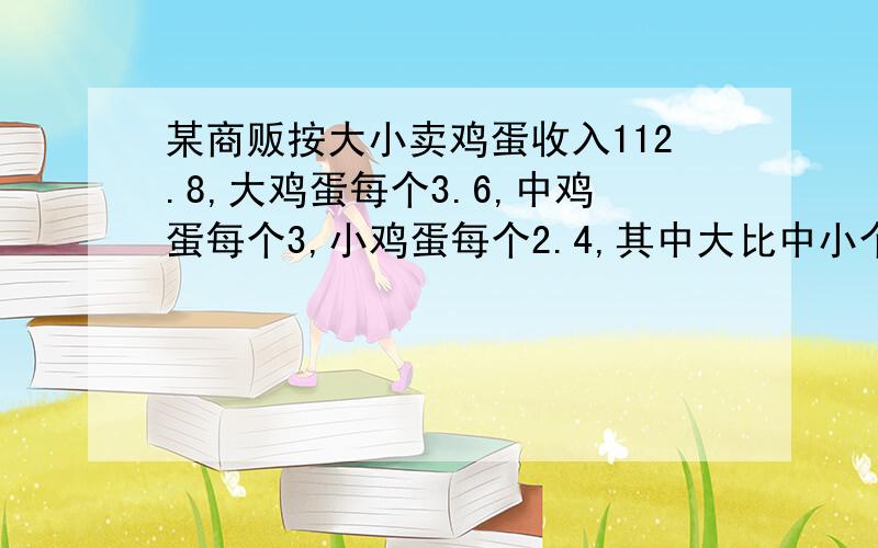 某商贩按大小卖鸡蛋收入112.8,大鸡蛋每个3.6,中鸡蛋每个3,小鸡蛋每个2.4,其中大比中小个数1:4,中比大小个数3:7,问大中小各多少