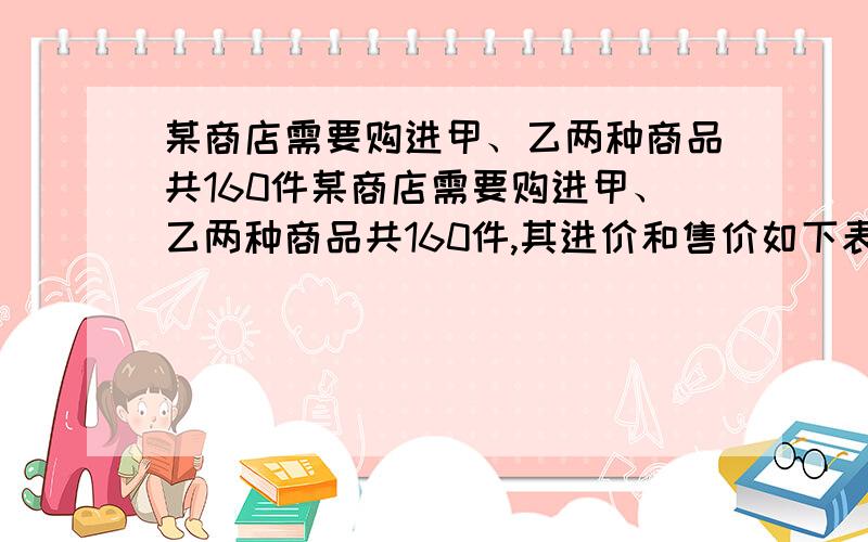 某商店需要购进甲、乙两种商品共160件某商店需要购进甲、乙两种商品共160件,其进价和售价如下表：甲 乙进价（元/件） 15 35售价（元/件） 20 45若该商店计划投入资金少于4300元,且销售完这