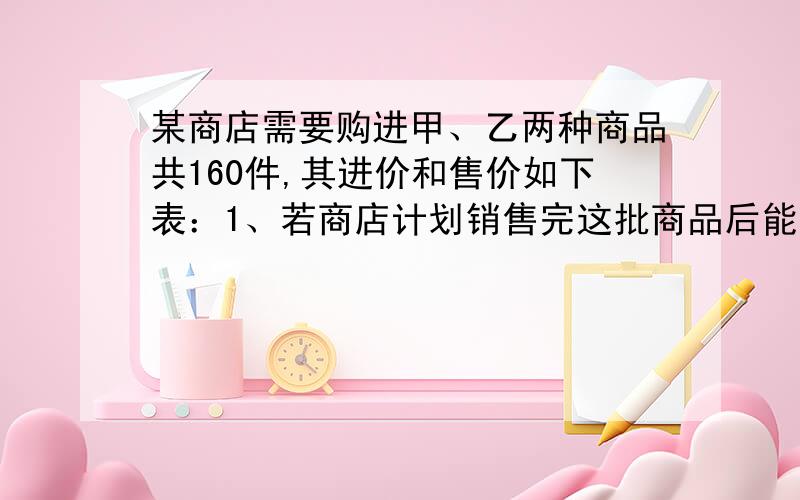 某商店需要购进甲、乙两种商品共160件,其进价和售价如下表：1、若商店计划销售完这批商品后能获得1100元,甲、乙两种商品应分别购进多少件?2、若商店计划投入资金不少于4300元,且销售完