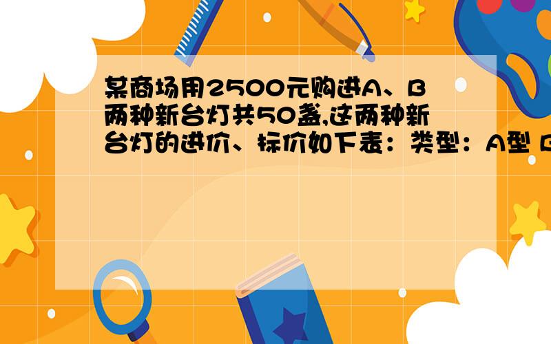 某商场用2500元购进A、B两种新台灯共50盏,这两种新台灯的进价、标价如下表：类型：A型 B型价格 进价（元/盏）：40 65标价（元/盏）：60 100（1）这两种台灯各购进多少盏?（2）若A型台灯按标