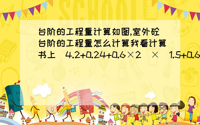 台阶的工程量计算如图,室外砼台阶的工程量怎么计算我看计算书上（4.2+0.24+0.6×2）×（1.5+0.6）-（4.2-0.18×2）×（1.5-0.3）,这样算对吗?我不太理解