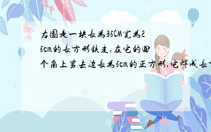 右图是一块长为35CM宽为25cm的长方形铁皮,在它的四个角上剪去边长为5cm的正方形,它焊成长方体铁盒,给这个铁盒涂上一层防锈油漆涂漆面积有多大（内外都图）