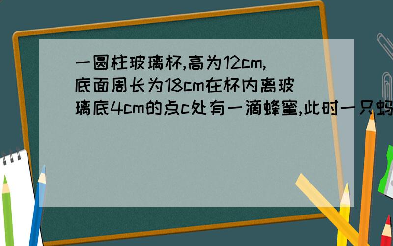 一圆柱玻璃杯,高为12cm,底面周长为18cm在杯内离玻璃底4cm的点c处有一滴蜂蜜,此时一只蚂蚁正好在杯外壁离杯上沿4cm与蜂蜜相对的点A处,则蚂蚁到达蜂蜜的最短距离为?