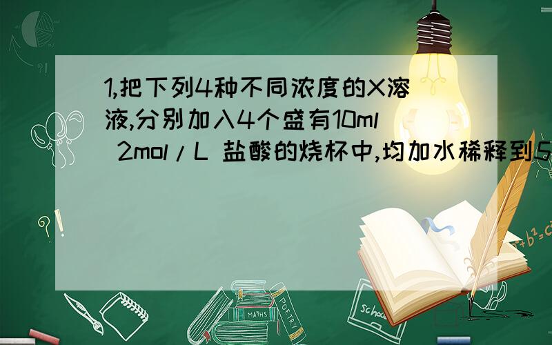 1,把下列4种不同浓度的X溶液,分别加入4个盛有10ml 2mol/L 盐酸的烧杯中,均加水稀释到50ml,此时X和盐酸进行反应,其中反应的最大速率为（ ）A,18ml 3mol/L 的X溶液 B,40ml 2mol/L的X溶液C,10ml 4mol/L 的X溶