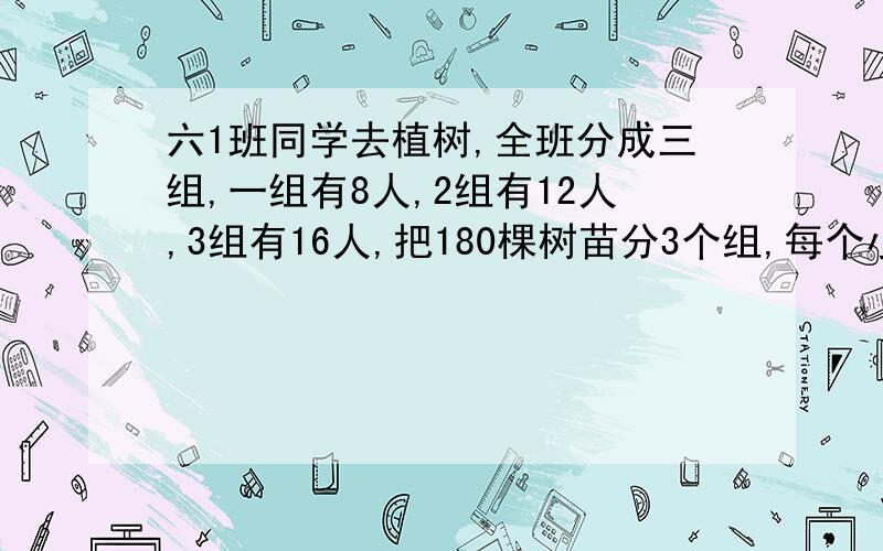 六1班同学去植树,全班分成三组,一组有8人,2组有12人,3组有16人,把180棵树苗分3个组,每个小组分多少树苗?