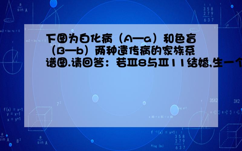 下图为白化病（A—a）和色盲（B—b）两种遗传病的家族系谱图.请回答：若Ⅲ8与Ⅲ11结婚,生一个只患白化病的孩子的概率    ,生一个只患色盲的孩子的概率    ,生一个两病兼有的孩子的概率