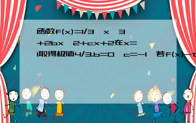 函数f(x)=1/3*x^3+2bx^2+cx+2在x=1取得极值4/3.b=0,c=-1,若f(x)-t=0在区间[-3,3/2]上有实根,求t取值范围