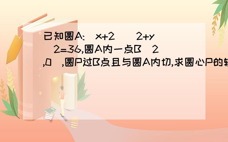 已知圆A:(x+2)^2+y^2=36,圆A内一点B(2,0),圆P过B点且与圆A内切,求圆心P的轨迹方程 .求这个题的详解带图