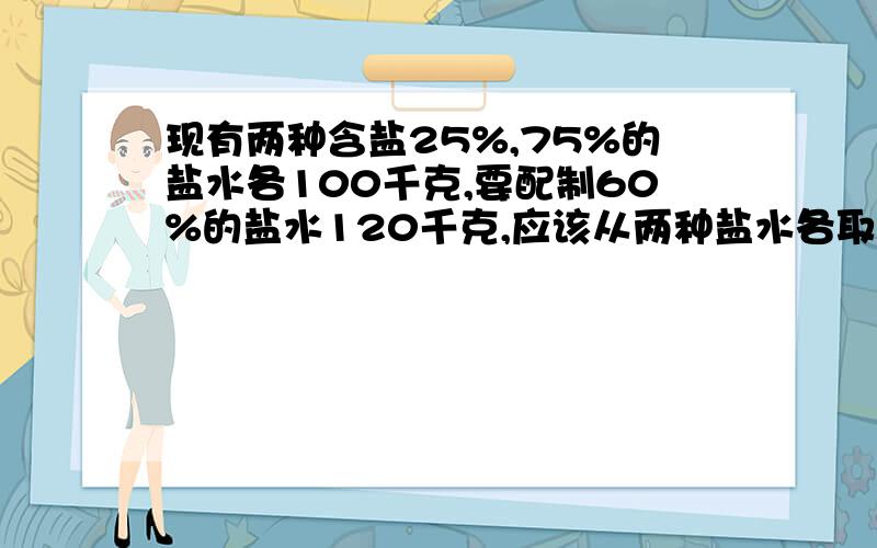 现有两种含盐25%,75%的盐水各100千克,要配制60%的盐水120千克,应该从两种盐水各取多少千克?列二元一次方程~最好写下分析!