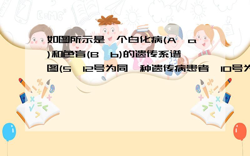 如图所示是一个白化病(A、a)和色盲(B、b)的遗传系谱图(5、12号为同一种遗传病患者,10号为两病兼患患者),下列叙述不正确的是 (　　)  A.由8、12号个体可分析得出5号个体患的是白化病 B.1号和10