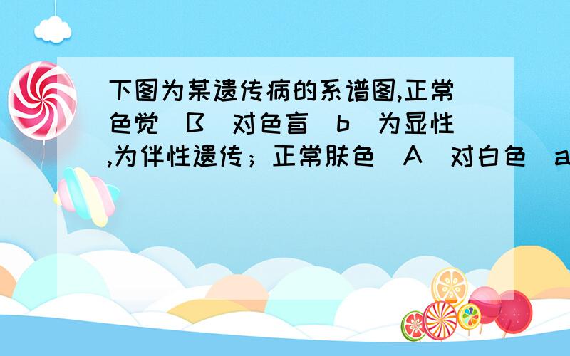 下图为某遗传病的系谱图,正常色觉(B)对色盲(b)为显性,为伴性遗传；正常肤色(A)对白色(a)为显性,为常染色体遗传.请识图回答：(1)Ⅰ1的基因型是____________________.(2)Ⅱ5为纯合体的几率是__________