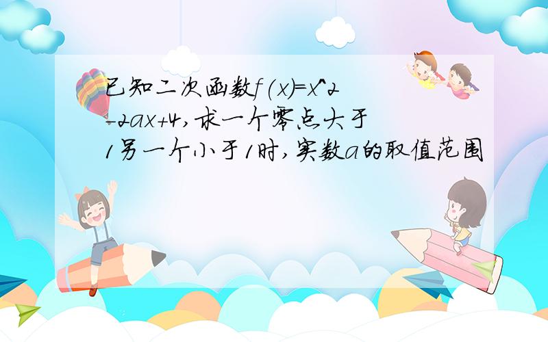 已知二次函数f(x)=x^2-2ax+4,求一个零点大于1另一个小于1时,实数a的取值范围