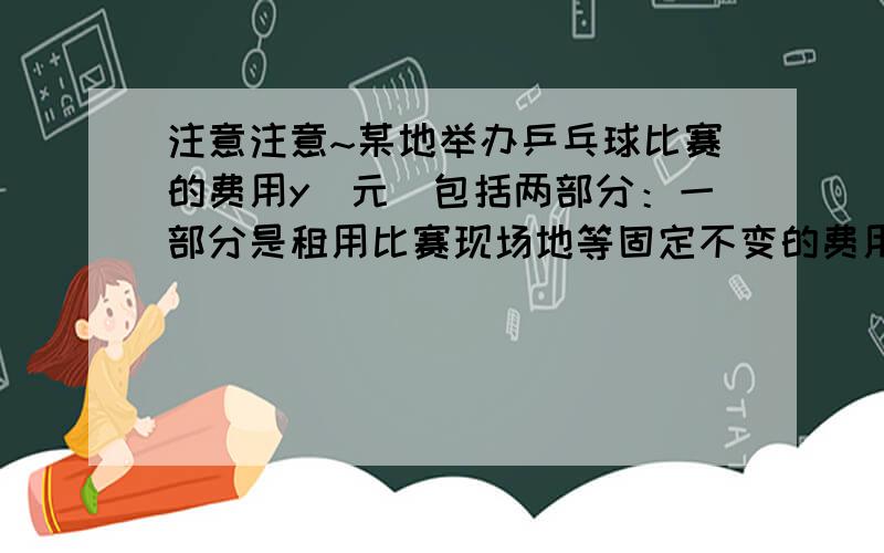 注意注意~某地举办乒乓球比赛的费用y(元)包括两部分：一部分是租用比赛现场地等固定不变的费用b（元）,另一部分与参加比赛的人数x（人）成正比例.当x=20时,y=1600；当x=30时,y=2000.1)求y与x