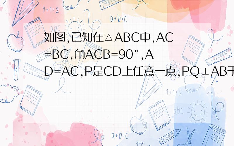 如图,已知在△ABC中,AC=BC,角ACB=90°,AD=AC,P是CD上任意一点,PQ⊥AB于Q,PR⊥AC于R.求证:PQ+PR=1/2AB
